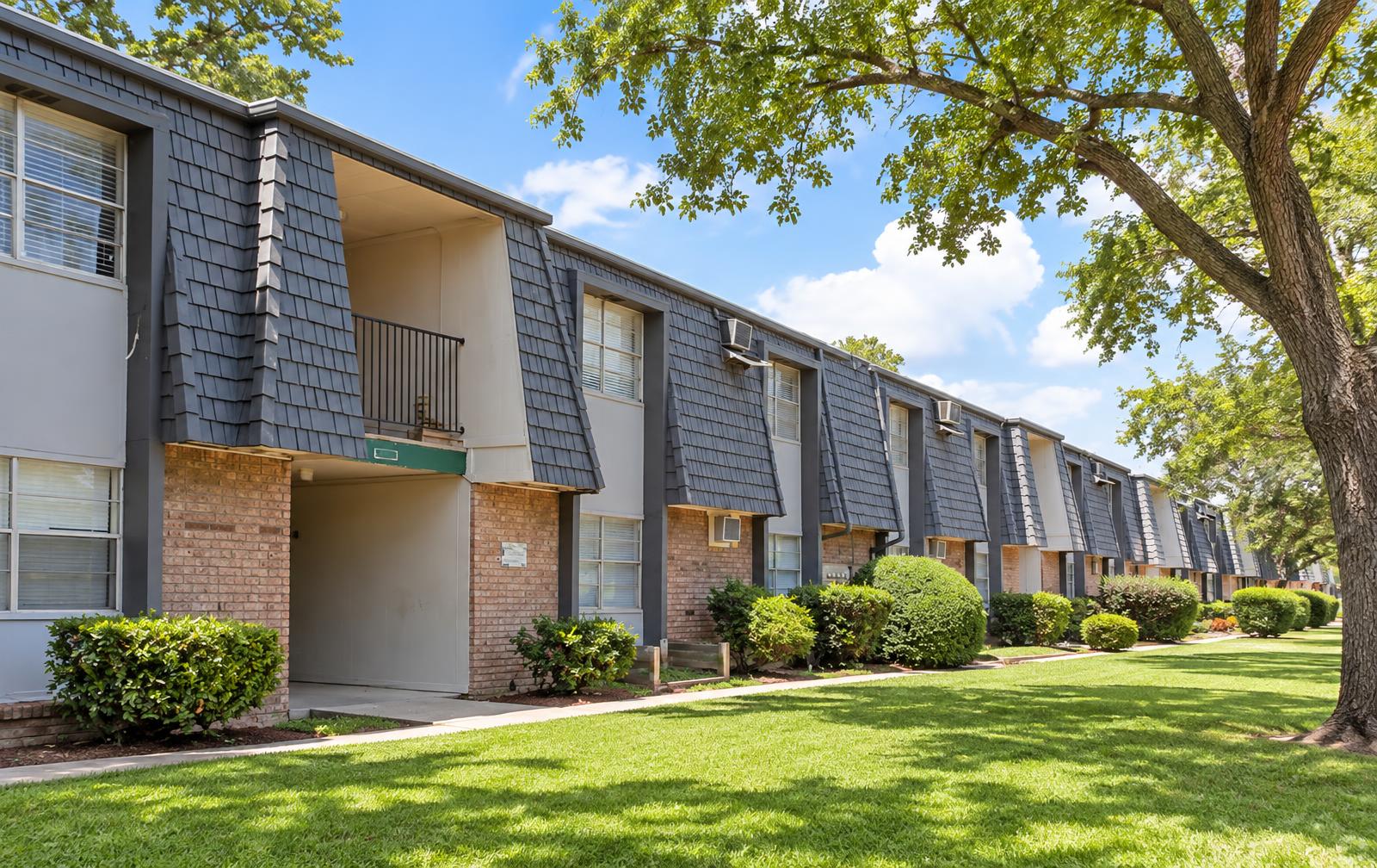 Tree-lined lawns between buildings